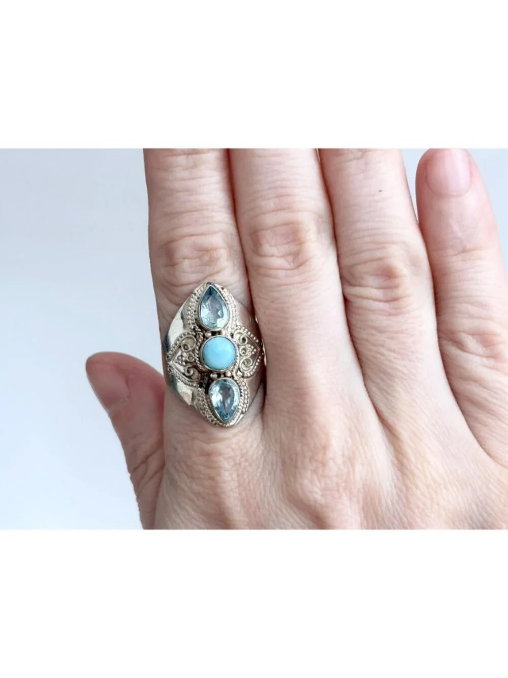 Larimar & Blue Topaz Gemstone Indian Sterling Silver 925 Vintage Ring - sz 9